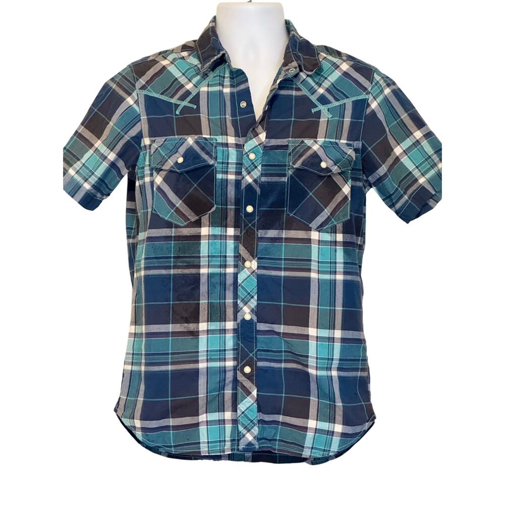 Fossil Men’s Western Pearl Snap Shirt Small Blue Plaid Y2K Cowboy Rodeo Western
